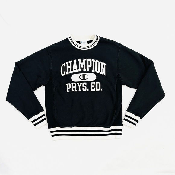 Champion Phys. Ed. Reverse Weave Black & White Collegiate Crewneck Sweatshirt - Picture 1 of 7